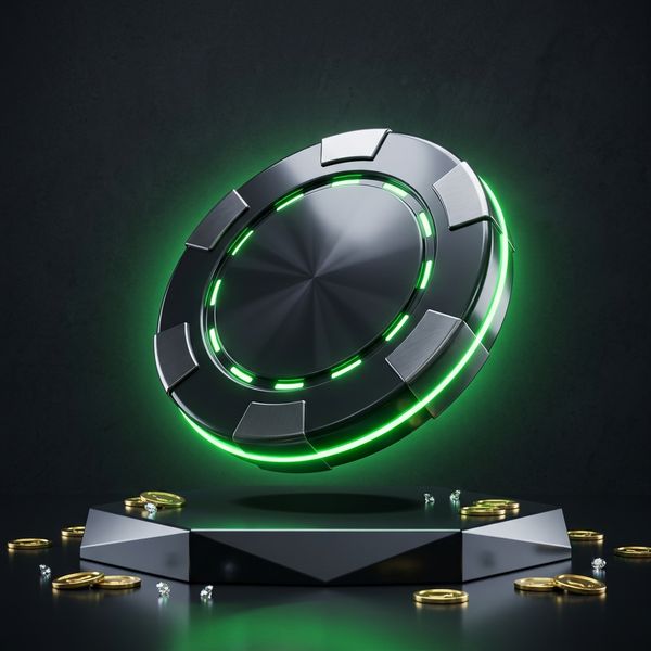 Glossy casino chip floating above dark podium surface