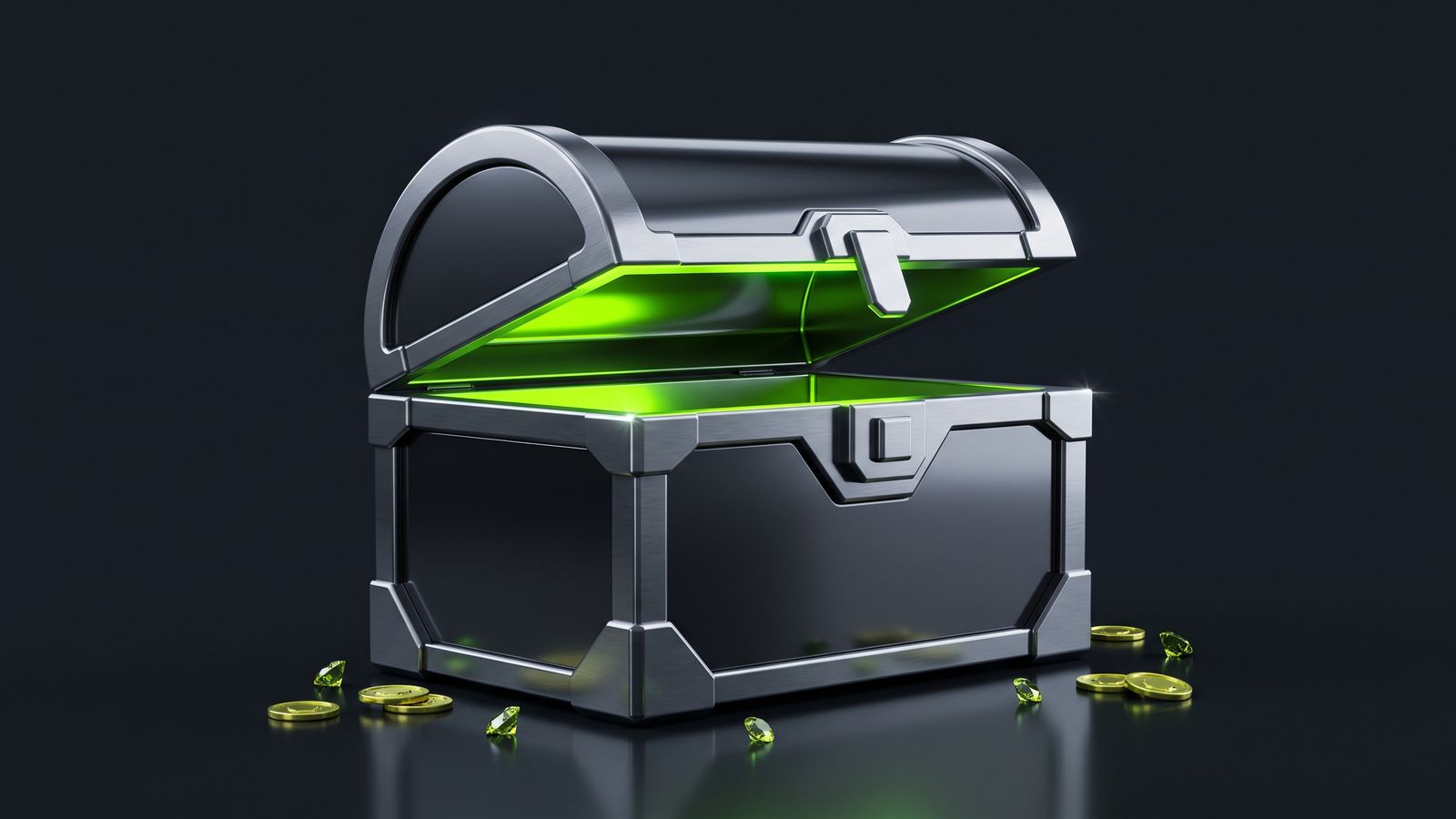 Glossy treasure chest glowing with neon green light